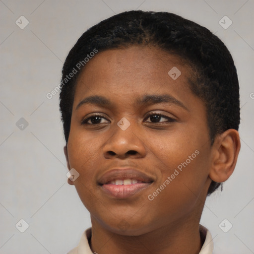 Joyful black young-adult female with short  black hair and brown eyes