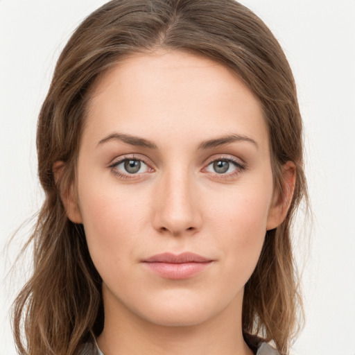 Neutral white young-adult female with long  brown hair and grey eyes