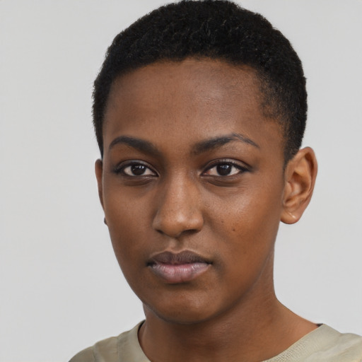 Neutral black young-adult female with short  black hair and brown eyes