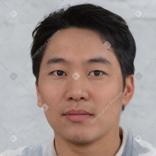 Neutral asian young-adult male with short  black hair and brown eyes