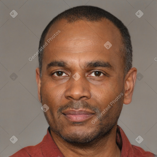 Neutral latino adult male with short  black hair and brown eyes