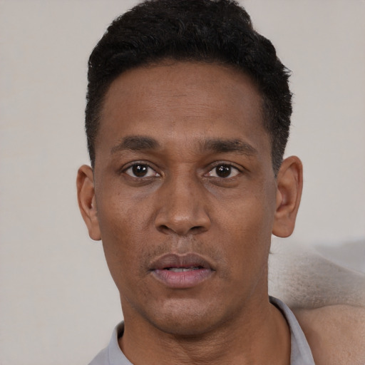 Neutral black adult male with short  black hair and brown eyes