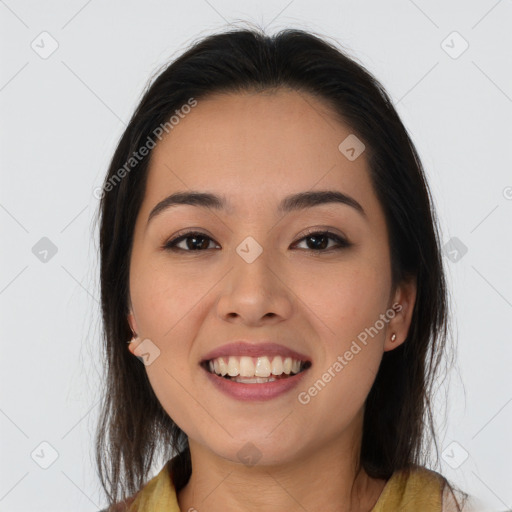 Joyful white young-adult female with long  brown hair and brown eyes