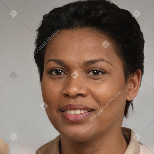 Joyful black young-adult female with short  brown hair and brown eyes