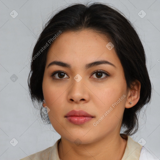 Neutral asian young-adult female with medium  brown hair and brown eyes