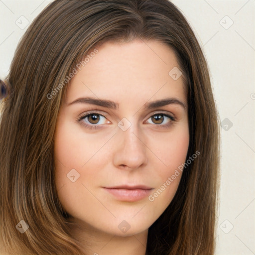 Neutral white young-adult female with long  brown hair and brown eyes