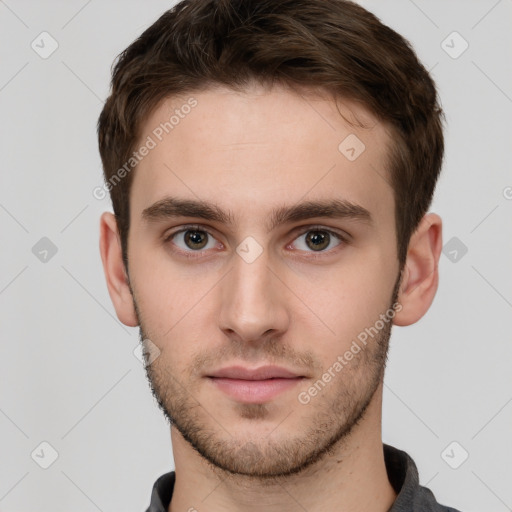 Neutral white young-adult male with short  brown hair and grey eyes