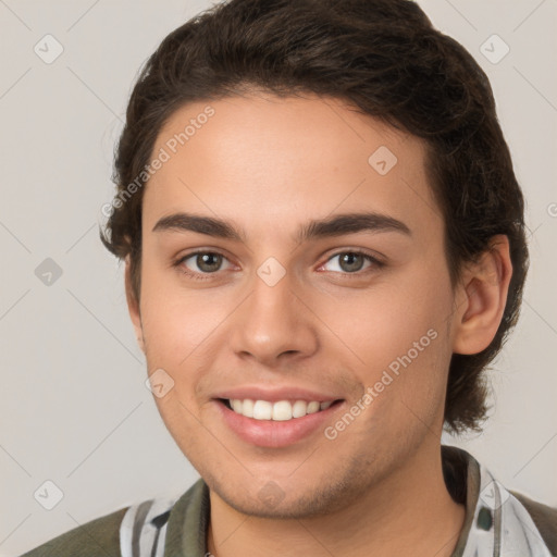 Joyful white young-adult female with short  brown hair and grey eyes