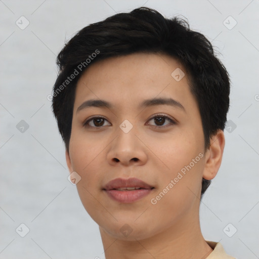 Neutral asian young-adult female with short  black hair and brown eyes