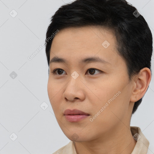 Neutral asian young-adult male with short  black hair and brown eyes