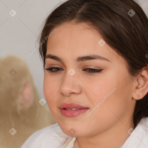 Joyful white young-adult female with medium  brown hair and brown eyes