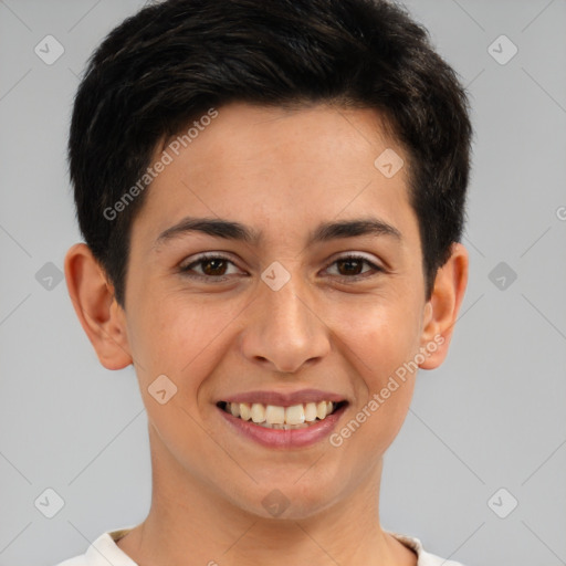 Joyful white young-adult female with short  brown hair and brown eyes