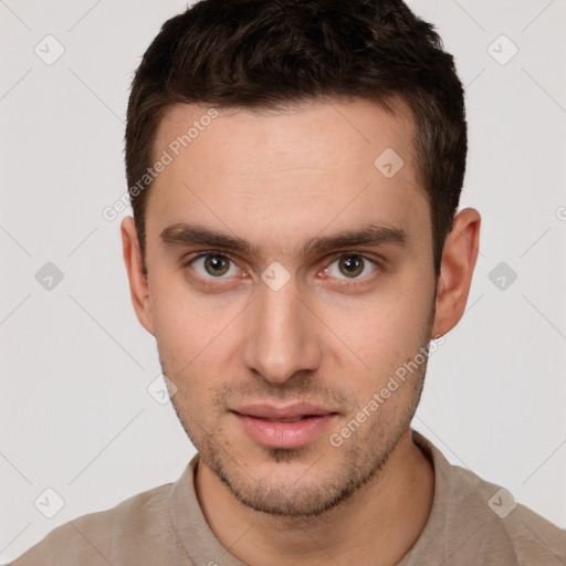 Neutral white young-adult male with short  brown hair and brown eyes