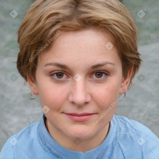 Joyful white young-adult female with short  brown hair and blue eyes