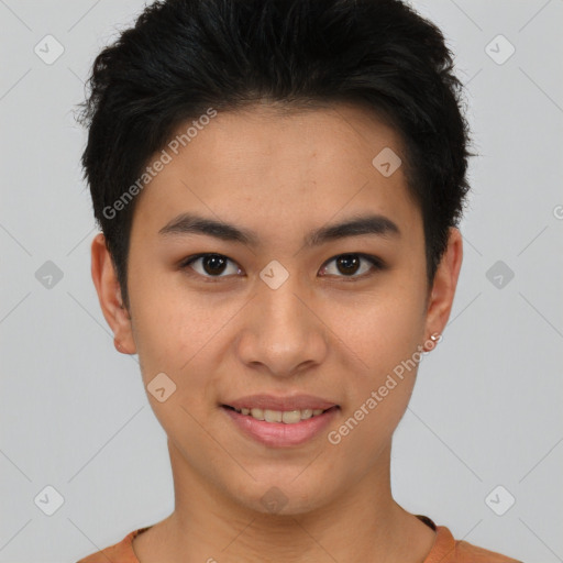 Joyful asian young-adult female with short  brown hair and brown eyes