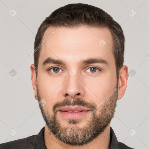 Neutral white young-adult male with short  brown hair and brown eyes