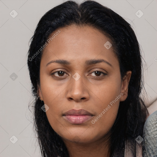 Joyful latino young-adult female with long  black hair and brown eyes