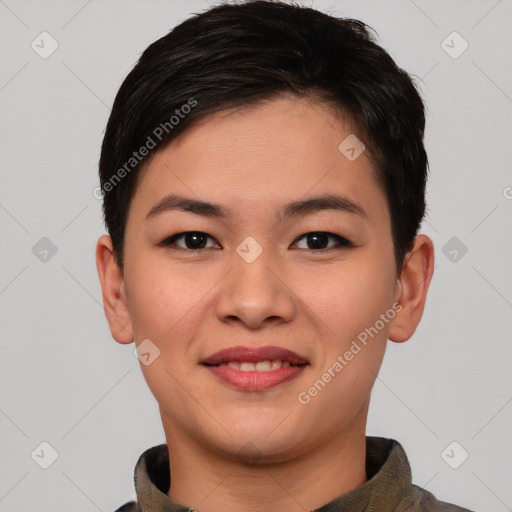 Joyful asian young-adult female with short  brown hair and brown eyes