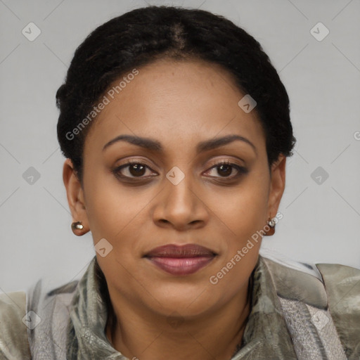 Joyful latino young-adult female with short  brown hair and brown eyes