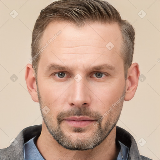 Neutral white young-adult male with short  brown hair and grey eyes