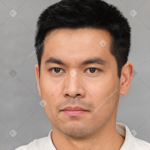 Neutral asian young-adult male with short  black hair and brown eyes