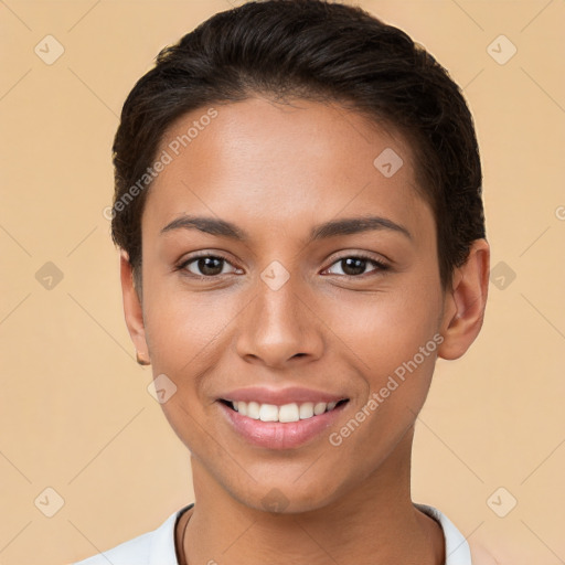 Joyful white young-adult female with short  brown hair and brown eyes