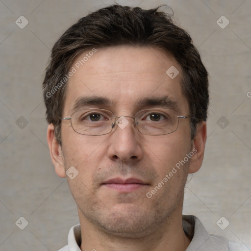 Neutral white adult male with short  brown hair and brown eyes