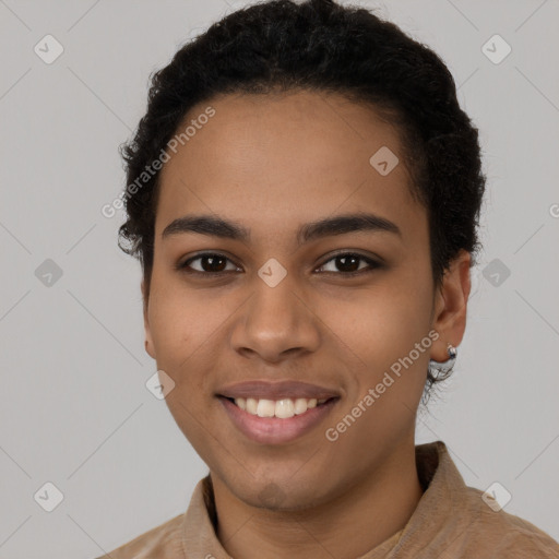 Joyful latino young-adult female with short  brown hair and brown eyes