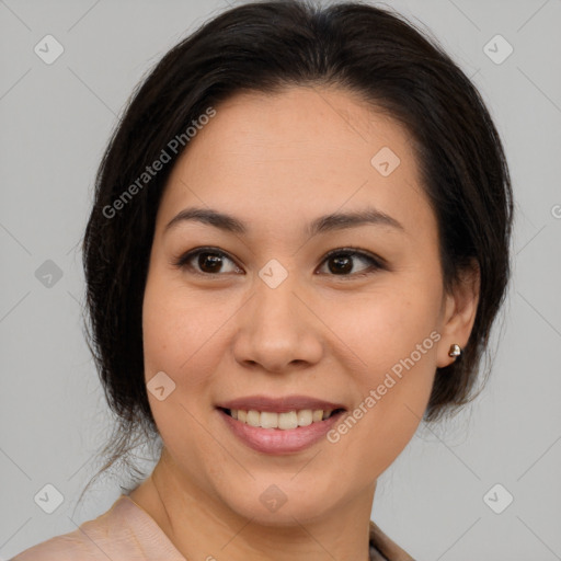 Joyful white young-adult female with medium  brown hair and brown eyes