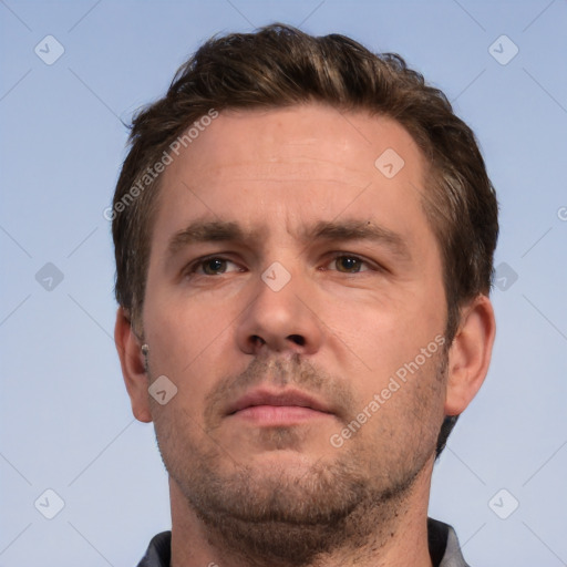 Neutral white adult male with short  brown hair and brown eyes