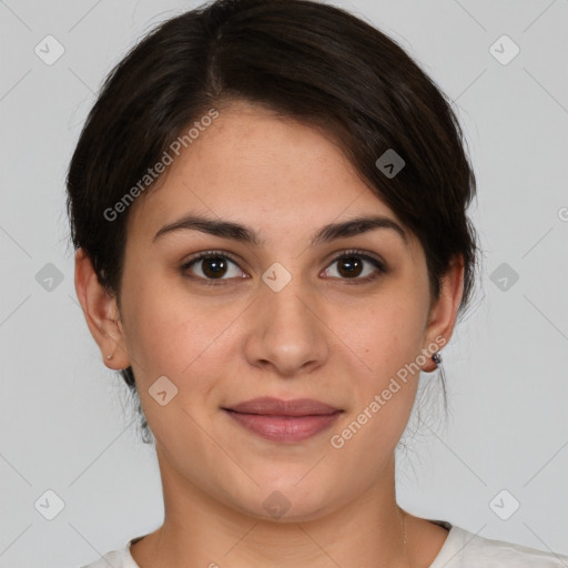 Joyful white young-adult female with medium  brown hair and brown eyes