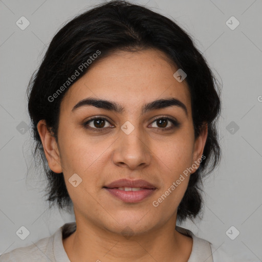 Joyful latino young-adult female with medium  brown hair and brown eyes