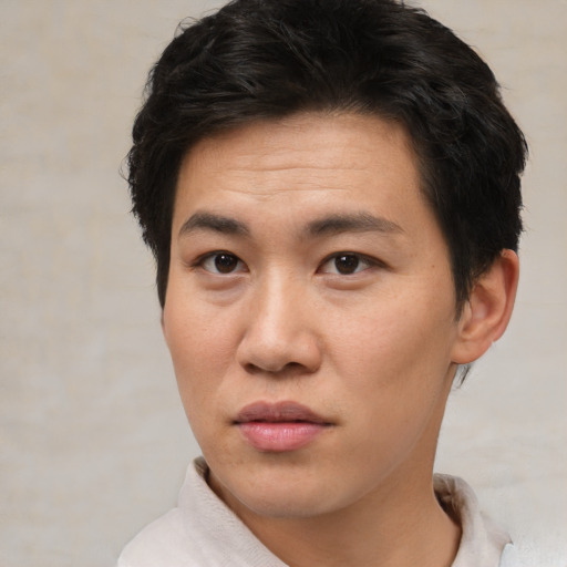 Neutral asian young-adult male with short  brown hair and brown eyes