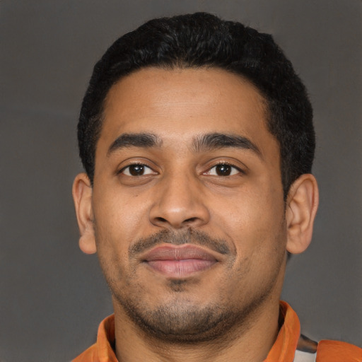 Neutral latino young-adult male with short  black hair and brown eyes