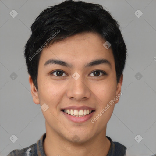 Joyful asian young-adult male with short  black hair and brown eyes