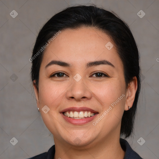 Joyful white young-adult female with medium  brown hair and brown eyes