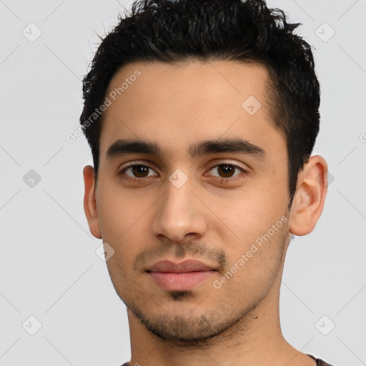 Neutral latino young-adult male with short  black hair and brown eyes