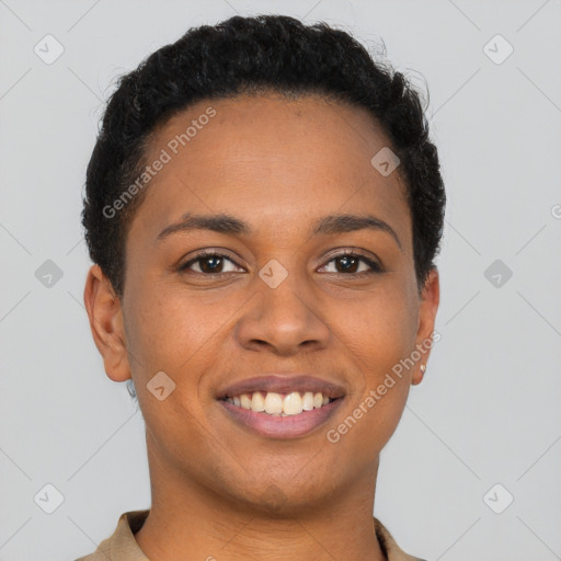 Joyful latino young-adult female with short  brown hair and brown eyes