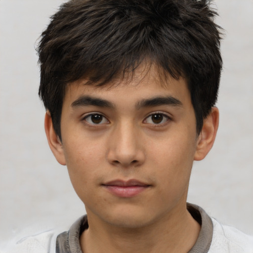 Neutral asian young-adult male with short  brown hair and brown eyes