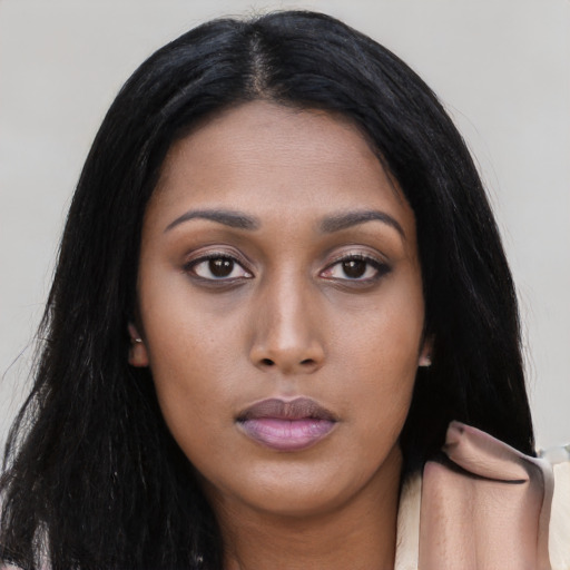 Neutral asian young-adult female with long  black hair and brown eyes
