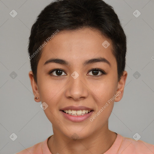 Joyful asian young-adult female with short  brown hair and brown eyes