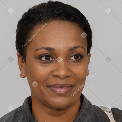 Joyful black adult female with short  black hair and brown eyes