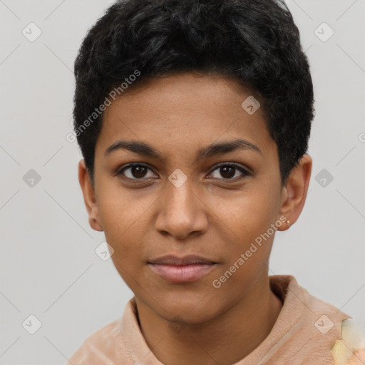 Neutral latino young-adult female with short  black hair and brown eyes