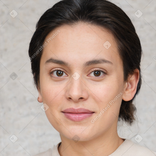 Joyful white young-adult female with medium  brown hair and brown eyes