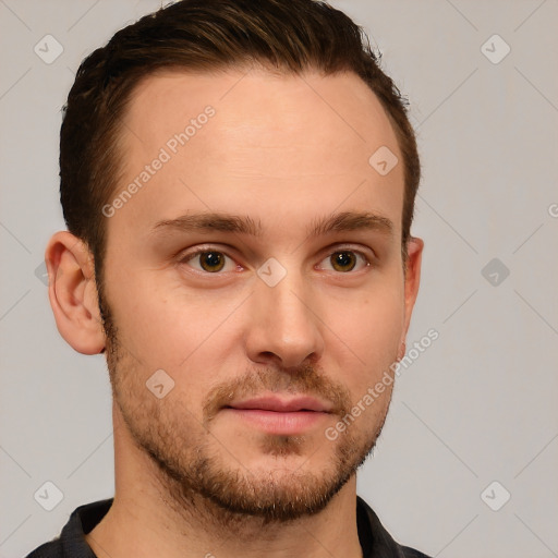 Neutral white young-adult male with short  brown hair and brown eyes