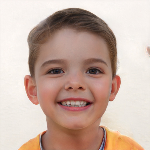 Joyful white child female with short  brown hair and brown eyes