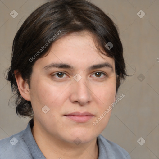 Neutral white young-adult female with medium  brown hair and brown eyes