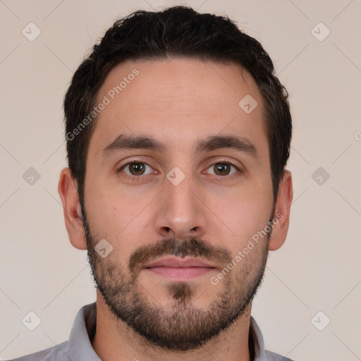 Neutral white young-adult male with short  brown hair and brown eyes