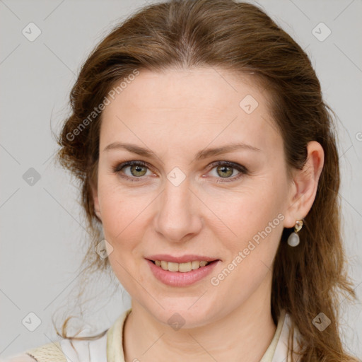 Joyful white young-adult female with medium  brown hair and green eyes