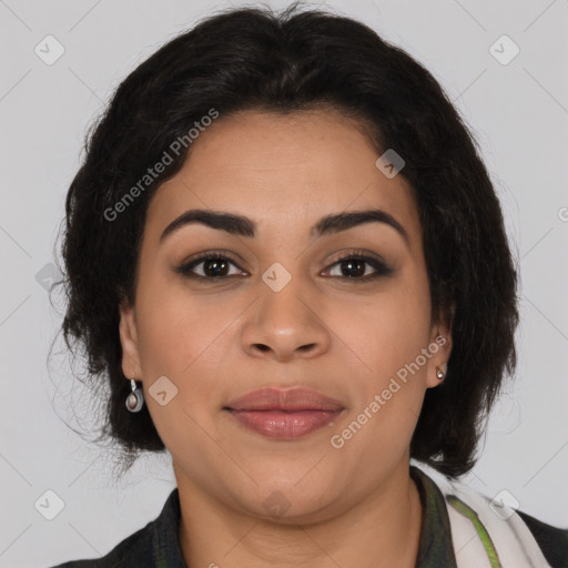 Joyful latino young-adult female with medium  brown hair and brown eyes
